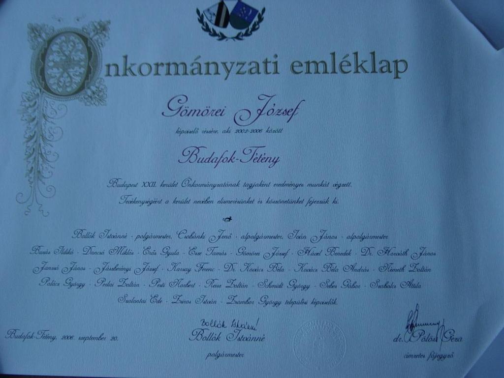 Gömörei Józsefnek adományozott önkormányzati emléklap (2006) Gömörei