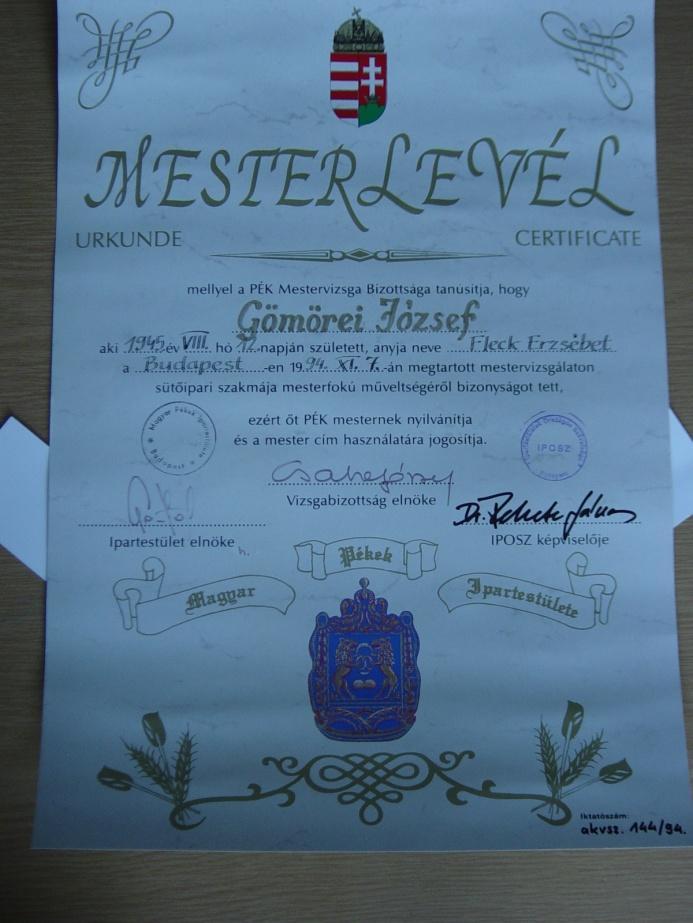 által adományozott aranydiplomája Részt veszek Budafok iparostársadalma,