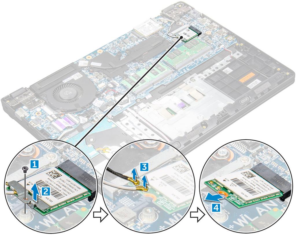 b Emelje meg, és távolítsa el a fémkeretet a WLAN-kártyáról [2]. c Válassza le a 2 db WLAN-kábelt, amelyek a WLAN-kártyát az antennához csatlakoztatják [3].