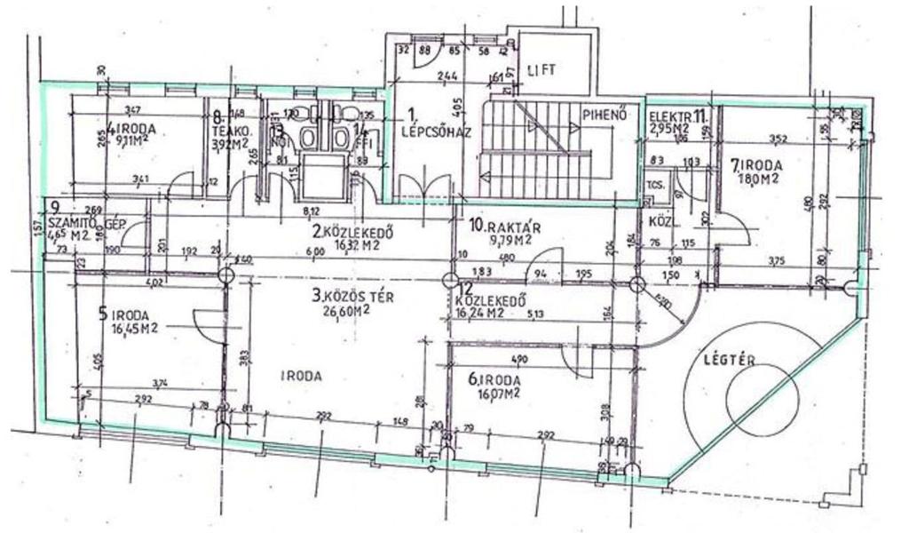 1. emelet 2. Közlekedő 16,32 3. Közös tér 26,60 4. Iroda 9,11 5. Iroda 16,45 6. Iroda 16,07 7. Iroda 18,00 8. Teakonyha 3,92 9.