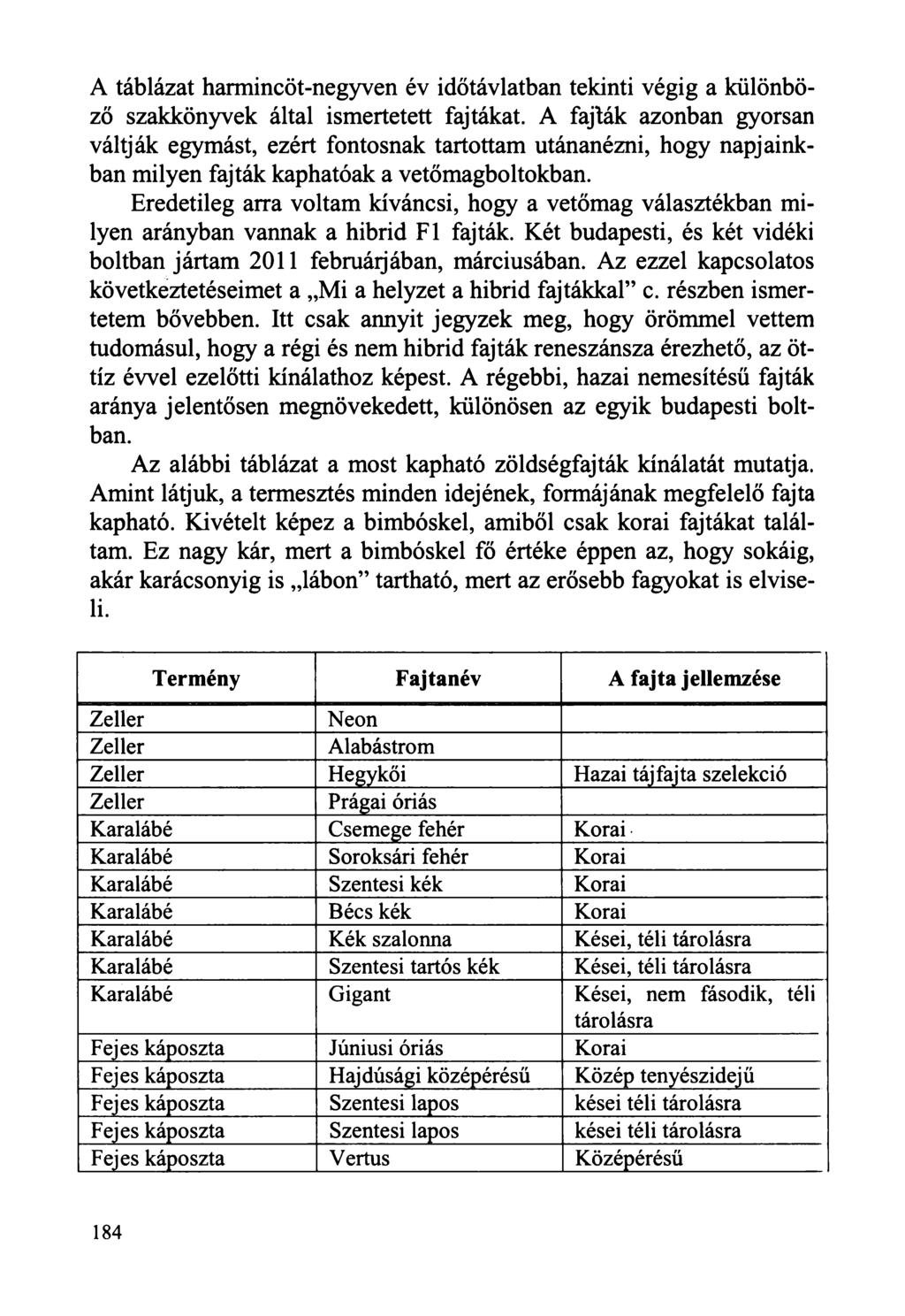 A táblázat harmincöt-negyven év időtávlatban tekinti végig a különböző szakkönyvek által ismertetett fajtákat.