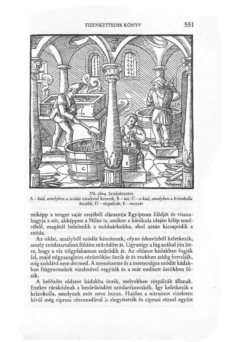 TIZENKETTEDIK KÖNYV 551 276. ábra. Szódakészítés A - kád, amelyben a szódat vizelettel keverik; B - üst; C-a kád, amelyben a krizokolla kiválik; D - rézpálcák; E -.