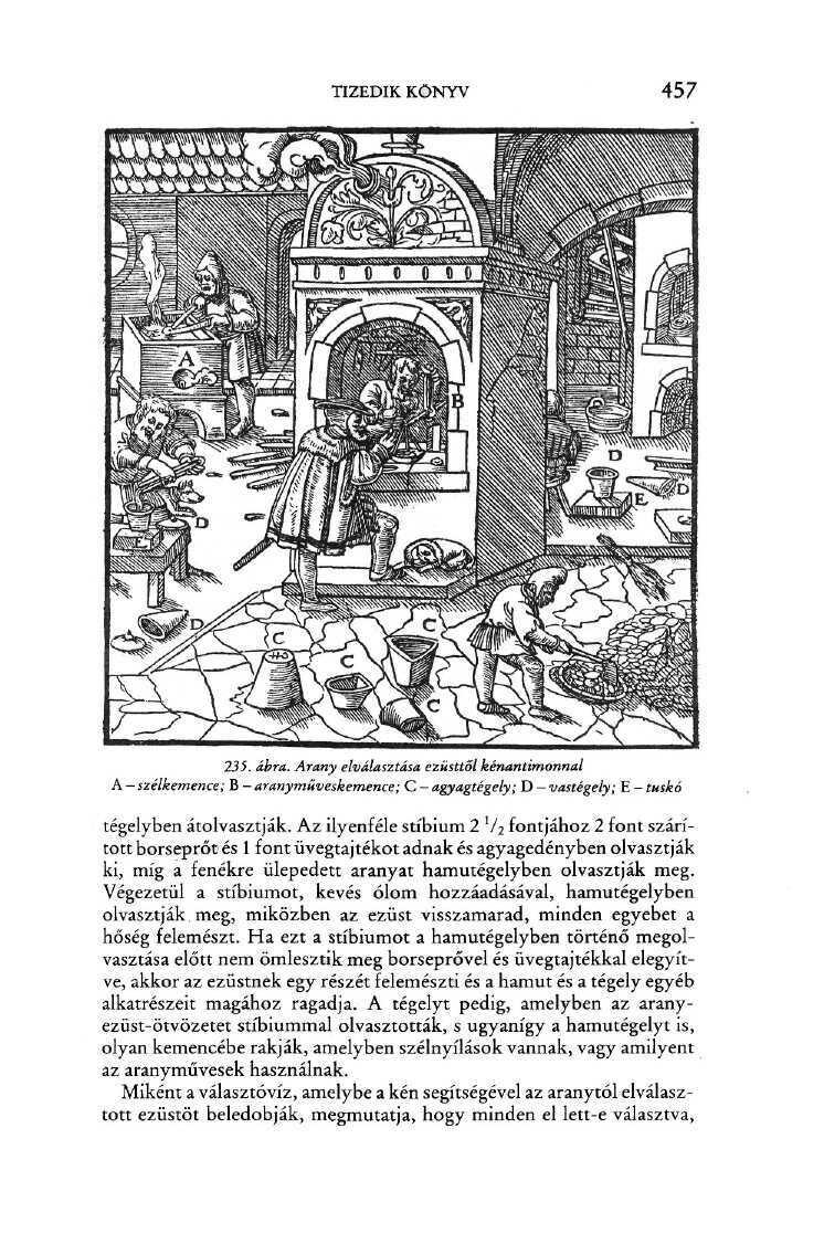 TIZEDIK KÖNYV 457 235. ábra. Arany elválasztása ezüsttől kénantimonnal A - szélkemence; B - aranyműveskemence; C - agyagtégely; D - vastégely; E - tuskó tégelyben átolvasztják.