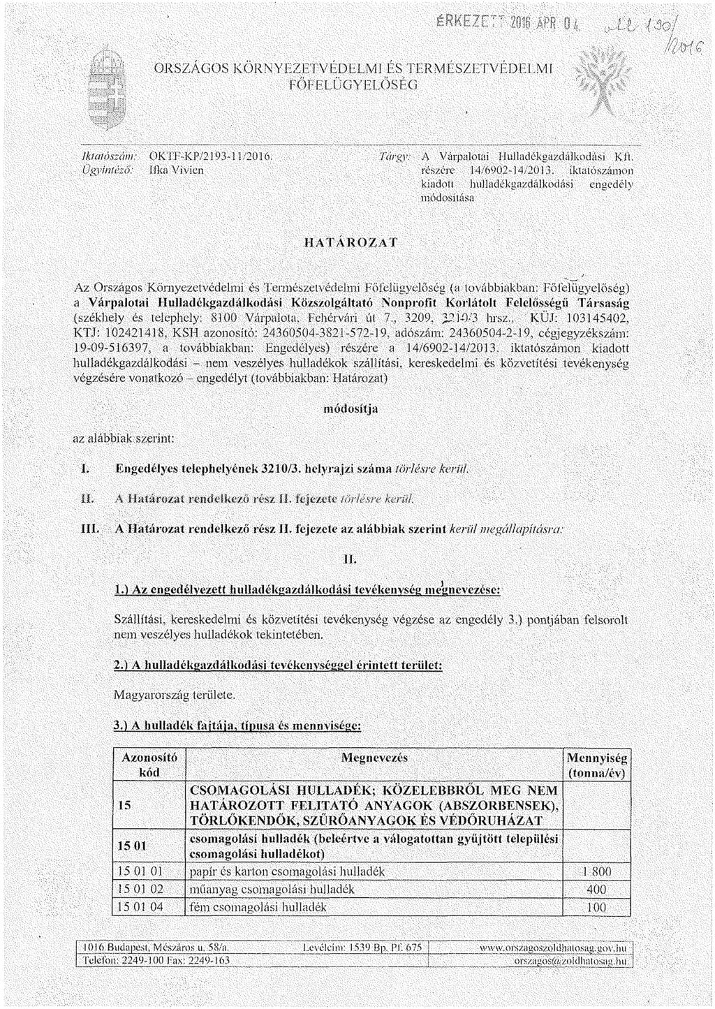 l l f F... AzAlÁp ÉRKEZETT ZOffi ÁPR öí, ORSZÁGOS KORNYEZETVEDELMI HS TER.MESZETVEDELMJ FŐFELÜGYELŐSÉG :y x :X' Xí;-í FI1ÉFF Iktat ószám: OK TF-K P/2193-11/20 í 6.