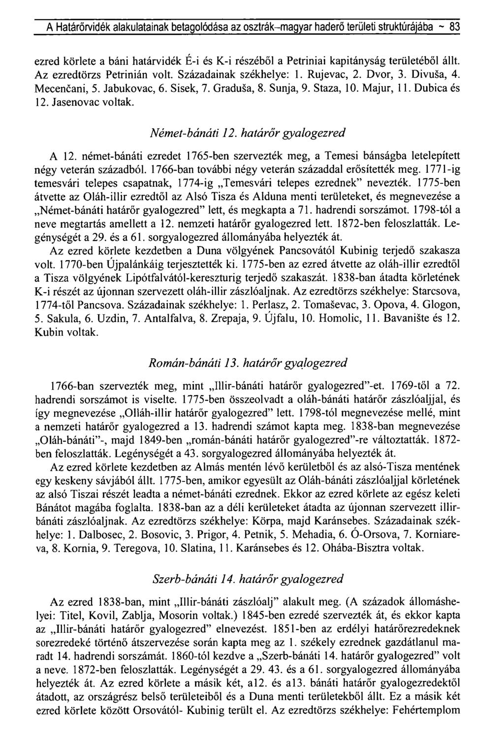 A Határőrvidék alakulatainak betagolódása az osztrák-magyar haderő területi struktúrájába ~ 83 ezred körlete a báni határvidék É-i és K-i részéből a Petriniai kapitányság területéből állt.