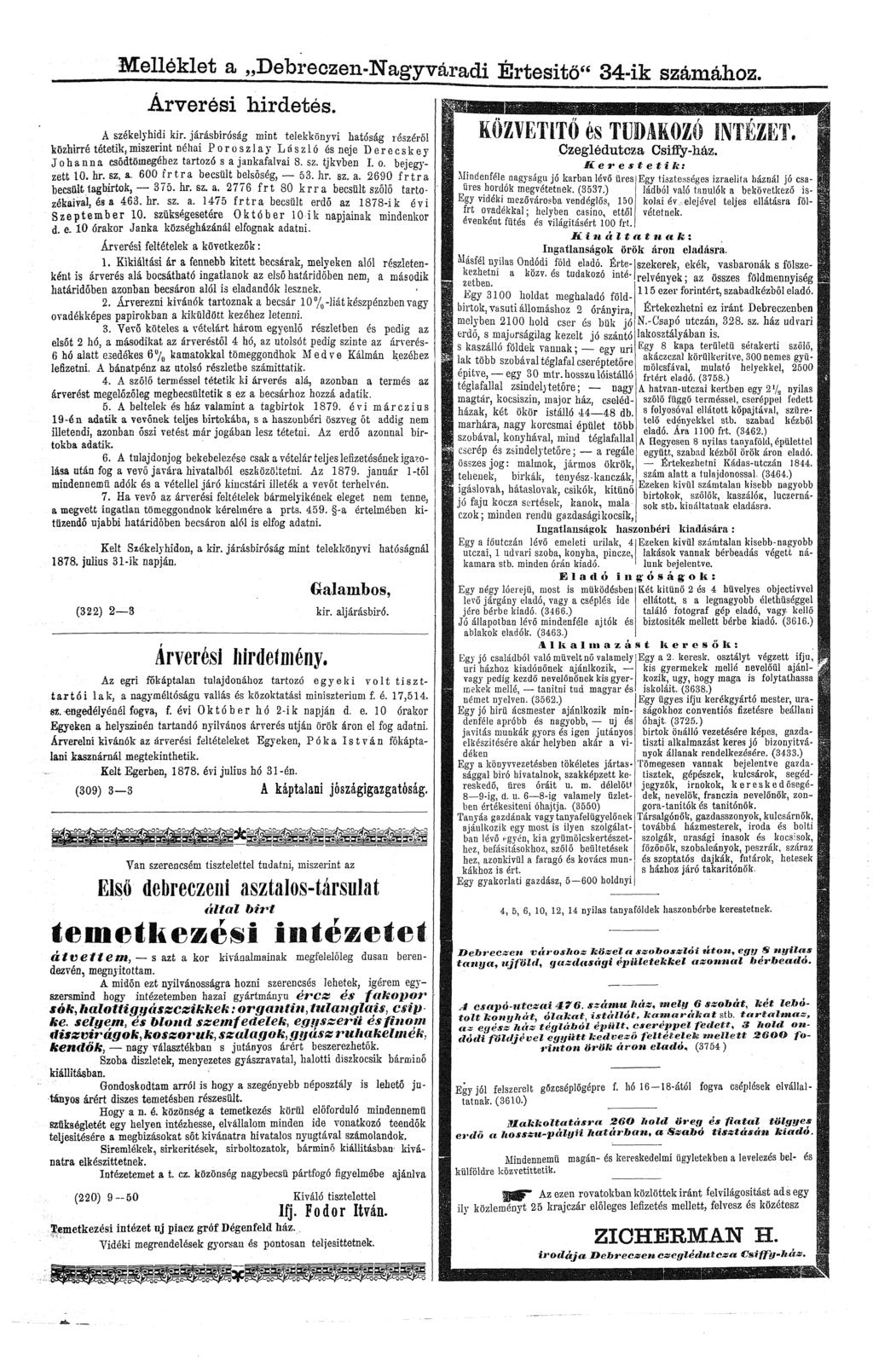 Melléklet a Debreoze-WagyYáradi Értesítő" 34-ik számához. Árverési hirdetés. Á székelyhídi kir.