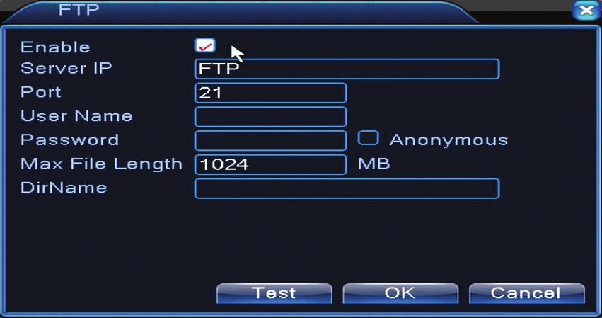 FTP setup FTP aktív lesz csak akkor amikkor a riasztó aktivá válik vagy amikor a riasztó a képernyőn vételez és elküldi aztán később a FTP-n keresztül.