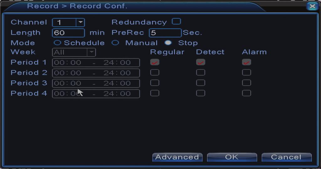 1.1.1 Rögzitési beállítás (Record con ig) Lépjen be a Main menu (Főmenü) - Record (Rögzités) - Record config (Konfigurációs rögzités ) Állítsa be a rögzitési paramétereket mindegyik csatornának vagy
