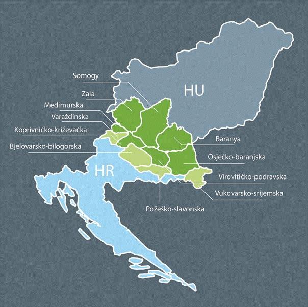 (Međimurska, Koprivničko-križevačka, Virovitičko-podravska és Osječko-baranjska) túl további négy másik megye (Varaždinska, Bjelovarsko-bilogorska, Požeško-slavonska és Vukovarsko-srijemska županija)