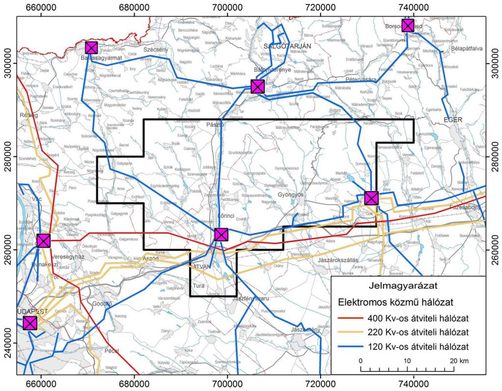 Hatvan I Komplex érzékenységi és terhelhetőségi vizsgálati tanulmány 56 ábra A hatvani vizsgálati terület villamosenergia ellátásának térképe (Villamosenergia ellátás, energiahálózatok és