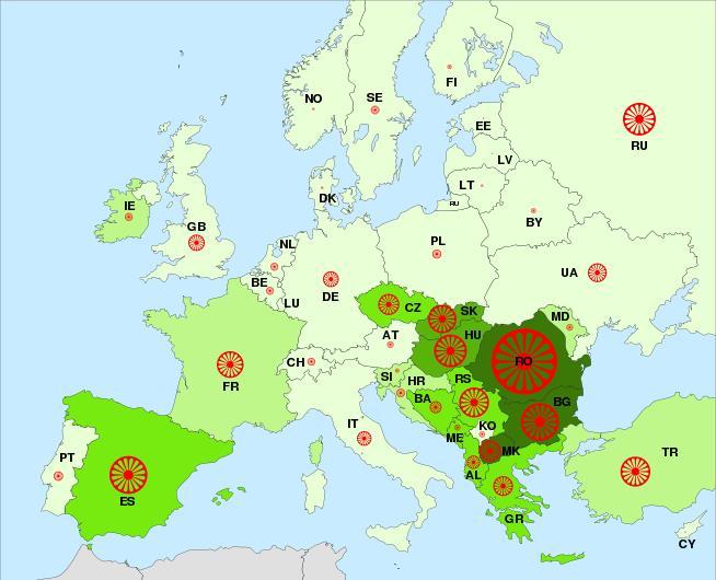 5. Ábra Roma populációk eloszlása Európában (http://romateaching.eu/index.