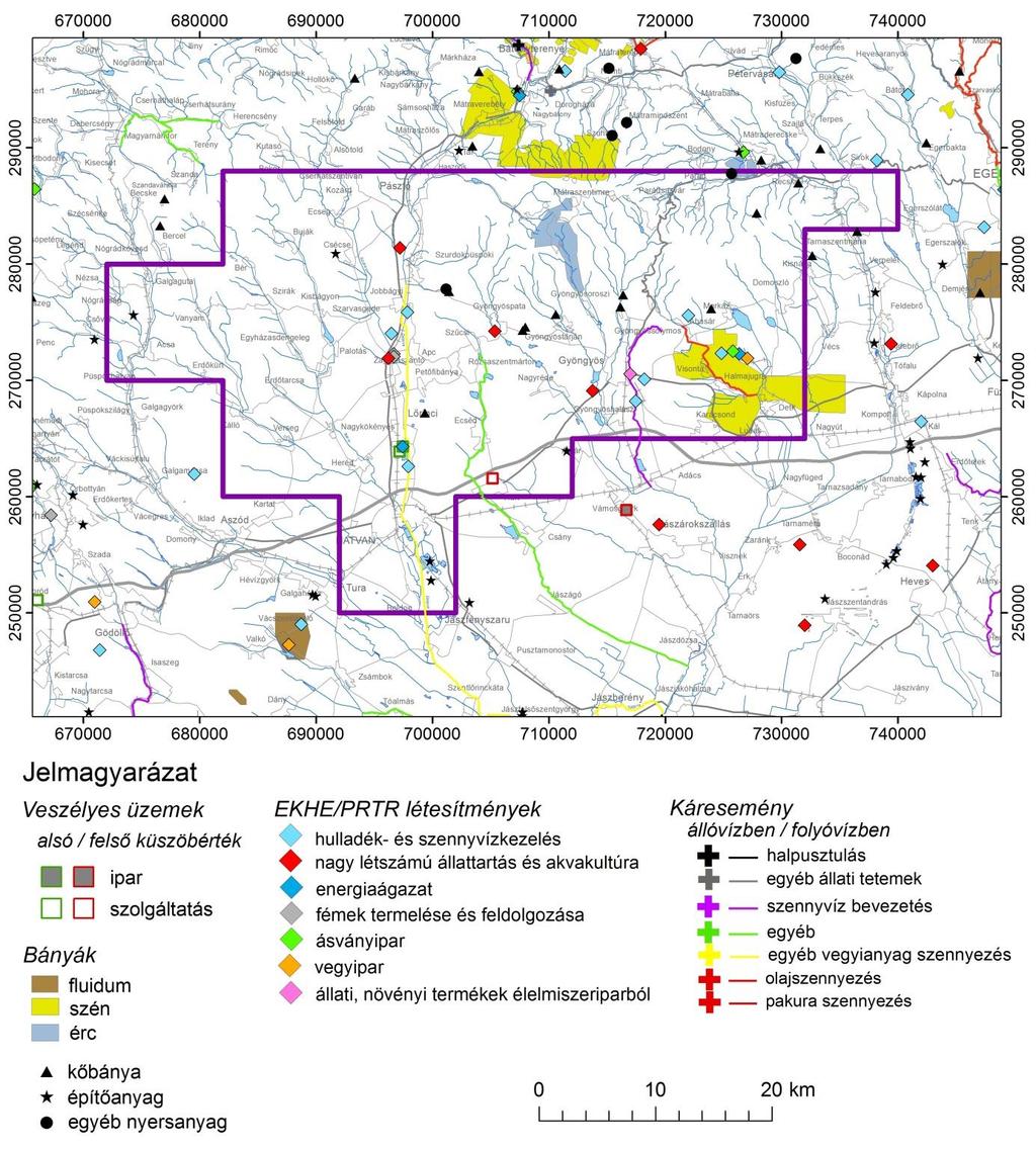Hatvan I Komplex érzékenységi és terhelhetőségi vizsgálati tanulmány 39 ábra Ipari létesítmények, káresemények EKHE: Egységes környezethasználati engedély köteles tevékenység, PRTR: Európai