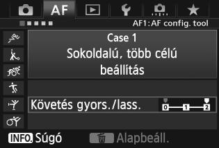3 Az AI Servo AF jellemzőinek kiválasztása (adott témához)n Az esetek paramétereinek módosítása Minden eset három paraméterét (1. Követési érzékenység, 2. Követés gyors./lass., valamint 3.
