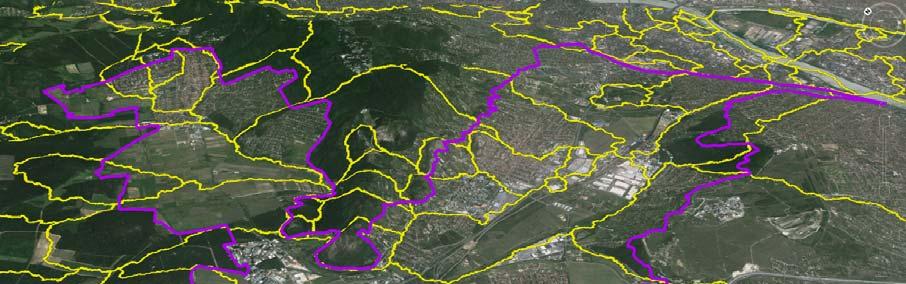 136. ábra Tájegység-lehatárolás eredményei a Google Earth-ön A határvonal választó módszer nagy előnye, hogy a karakter-elemzés maga is a digitális 3D térbe költözhet, ahogy Schmid prognosztizálta a