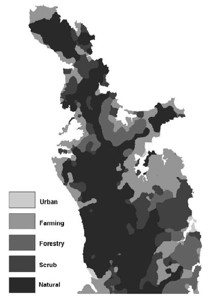 és végeredménye egy új-zélandi tanulmányban (Coromandelfélsziget) (BRABYN 2005, 27-30).