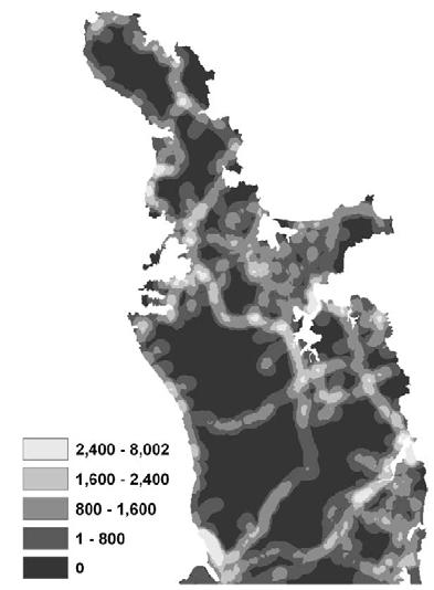 feldolgozott változata majority (többség) filter alkalmazásával, (c) úthálózat sűrűsége (m/km 2 )