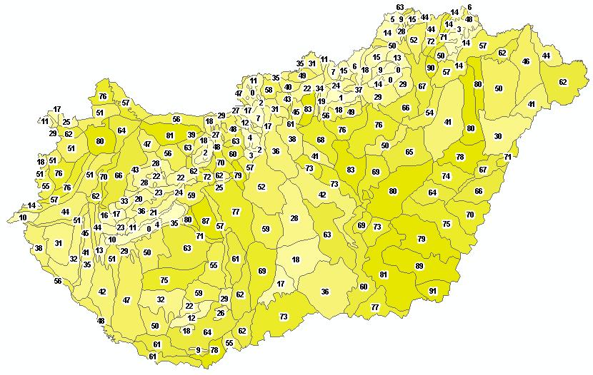 59. ábra Erdők aránya Magyarország kistájainak területén (CLC 2006 adatbázis alapján, kód: 311, 312, 313) 61.