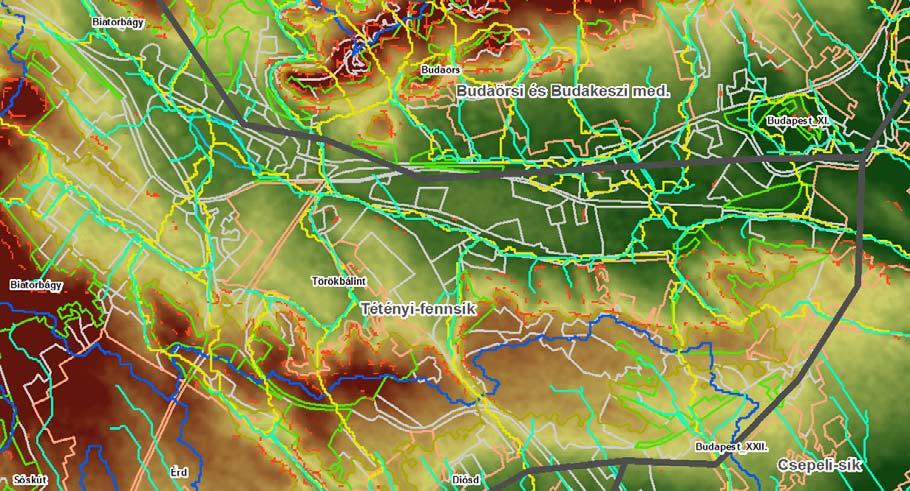 ábra Potenciális tájhatárvonalak a domborzati modell előterében és a meglévő