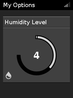 A Humidity Level (Páratartalom) Off (Ki) állásba kapcsolható, vagy 1 és 8 között állítható, ahol 1 a legalacsonyabb páratartalom és 8 a legmagasabb páratartalom beállítása.