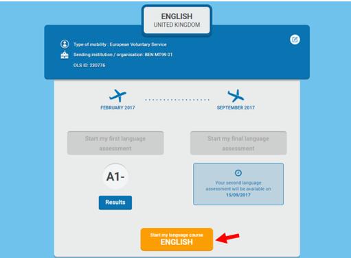 2. Hozzáférés és csatlakozás az Erasmus+ OLS webhelyhez Az első nyelvi szintfelmérő elvégzése után kap egy meghívó e-mailt, hogy regisztráljon egy online nyelvi kurzusra, ha a küldő