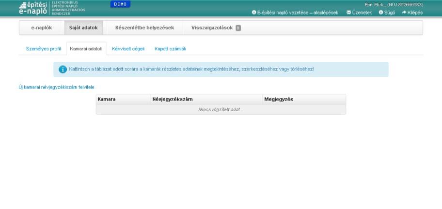 2. A saját adatok rögzítése A belépést követően az e-építési napló alkalmazás főoldalát látja. 2.1.