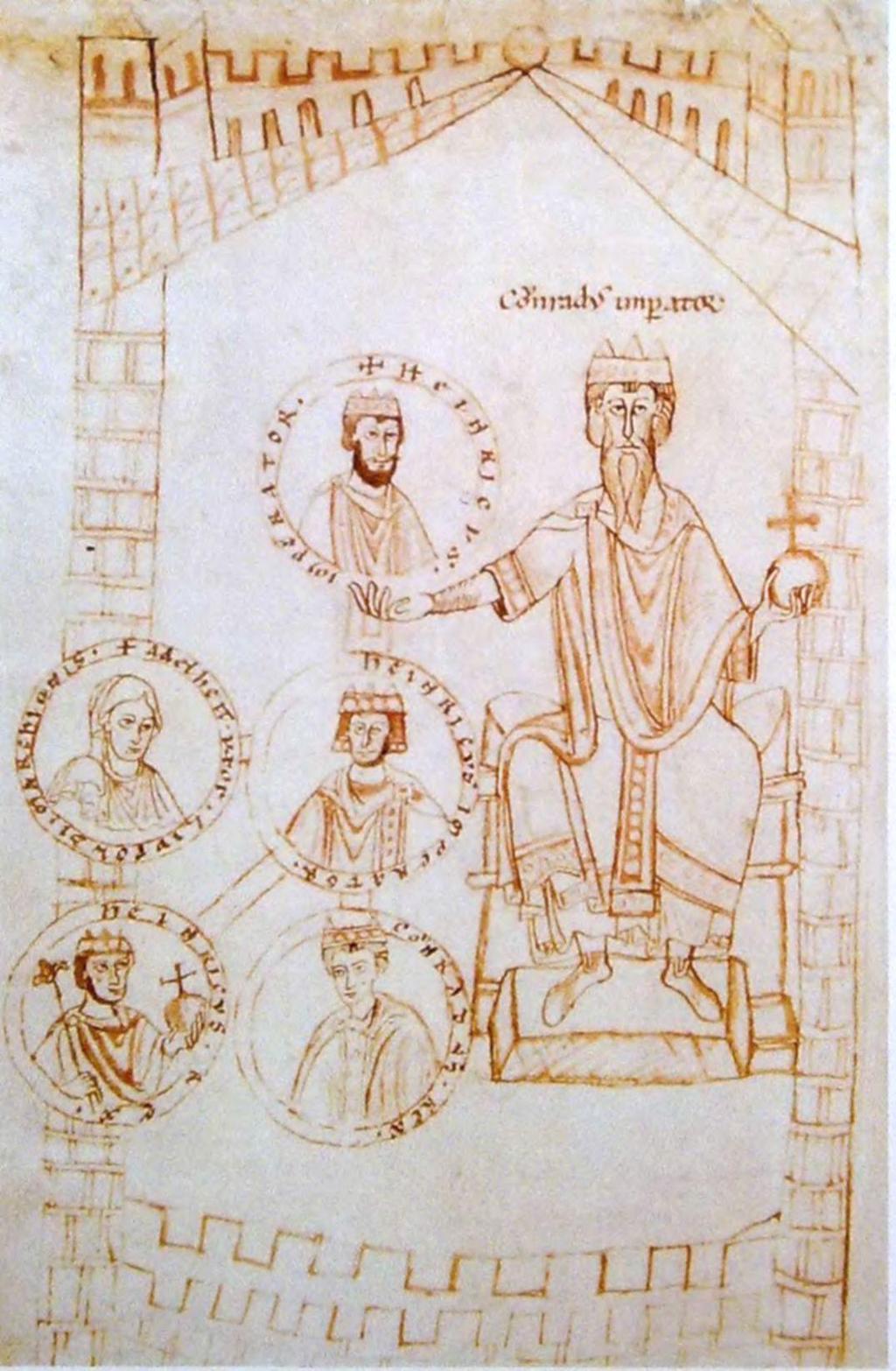Imre herceg arcképe a koronázási paláston A száli frank uralkodók családfája. A trónon II. Konrád.