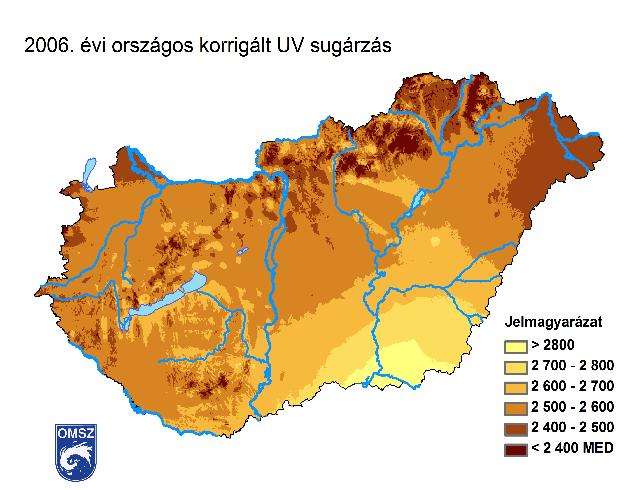 12. ábra: Az UV sugárzás országos éves eloszlása 2006-ban 13. ábra: Az UV sugárzás országos éves eloszlása 2012-ben A kapott UV eloszlás térképünknek van egy ózon eloszlás miatti bizonytalansága.