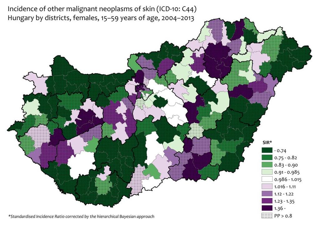 A bőrrák incidenciánál összességében kisebb mértékű összefüggések mutatkoztak.