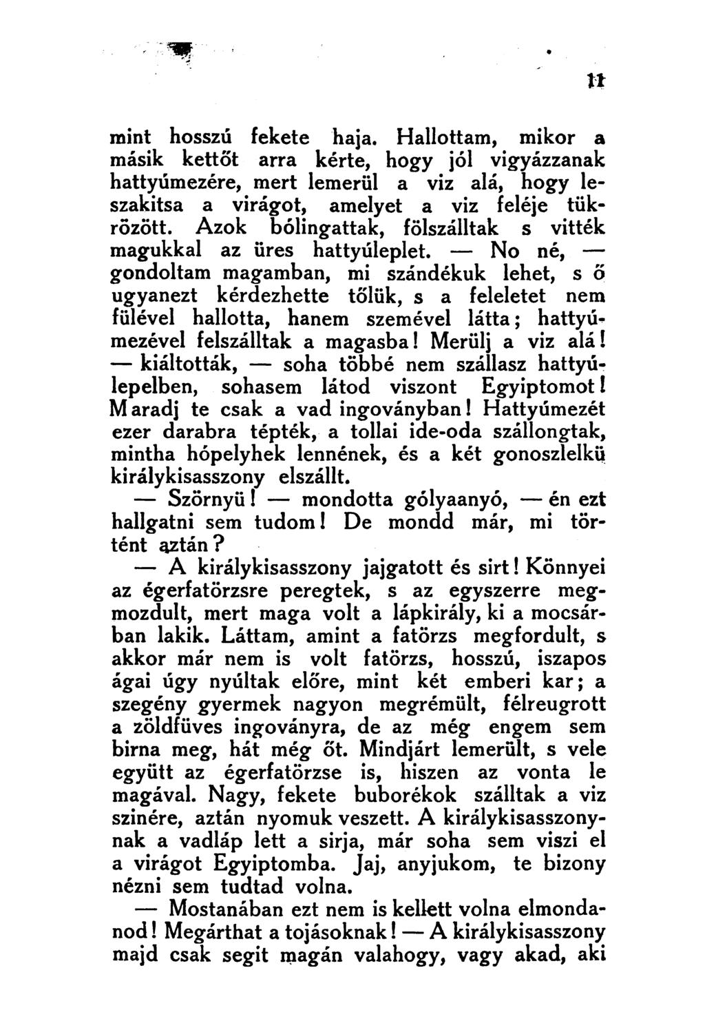 mint hosszú fekete haja. Hallottam, mikor a másik kettőt arra kérte, hogy jól vigyázzanak hattyúmezére, mert lemerül a viz alá, hogy leszakítsa a virágot, amelyet a viz feléje tükrözött.