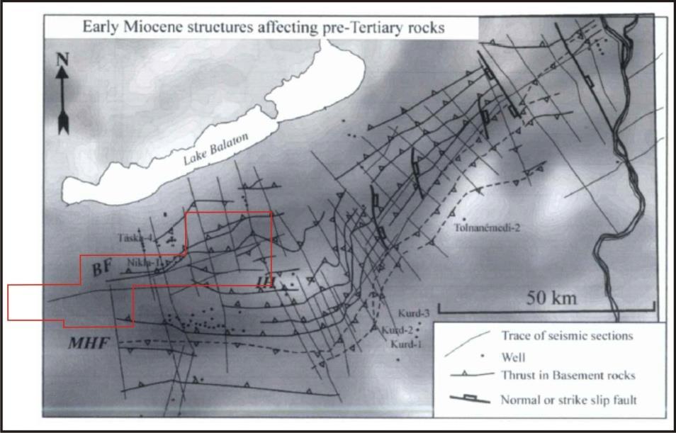 meghatározó felszíni vetületét a vizsgálati terület határaival a 7 ábra tartalmazza 15 ábra A Balaton-vonal (BF) és a Közép-magyarországi vonal (MHF) közti terület középső-miocén (prerift) előtti