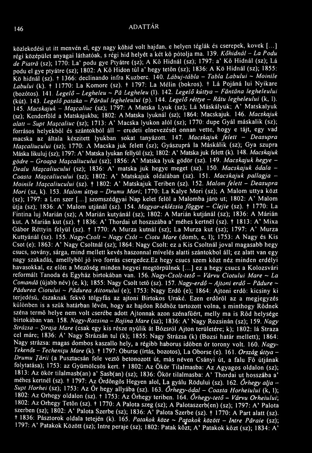 146 ADATTÁR közlekedési ut itt menvén el, egy nagy köhid volt hajdan, e helyen téglák és cserepek, kövek [...] régi középület anyagai láthatóak, s régi hid helyét a két kő pótolja ma. 139.