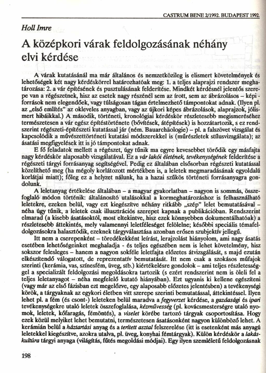 Holl Imre CASTRUM BENE 2/1992. BUDAPEST 1992.