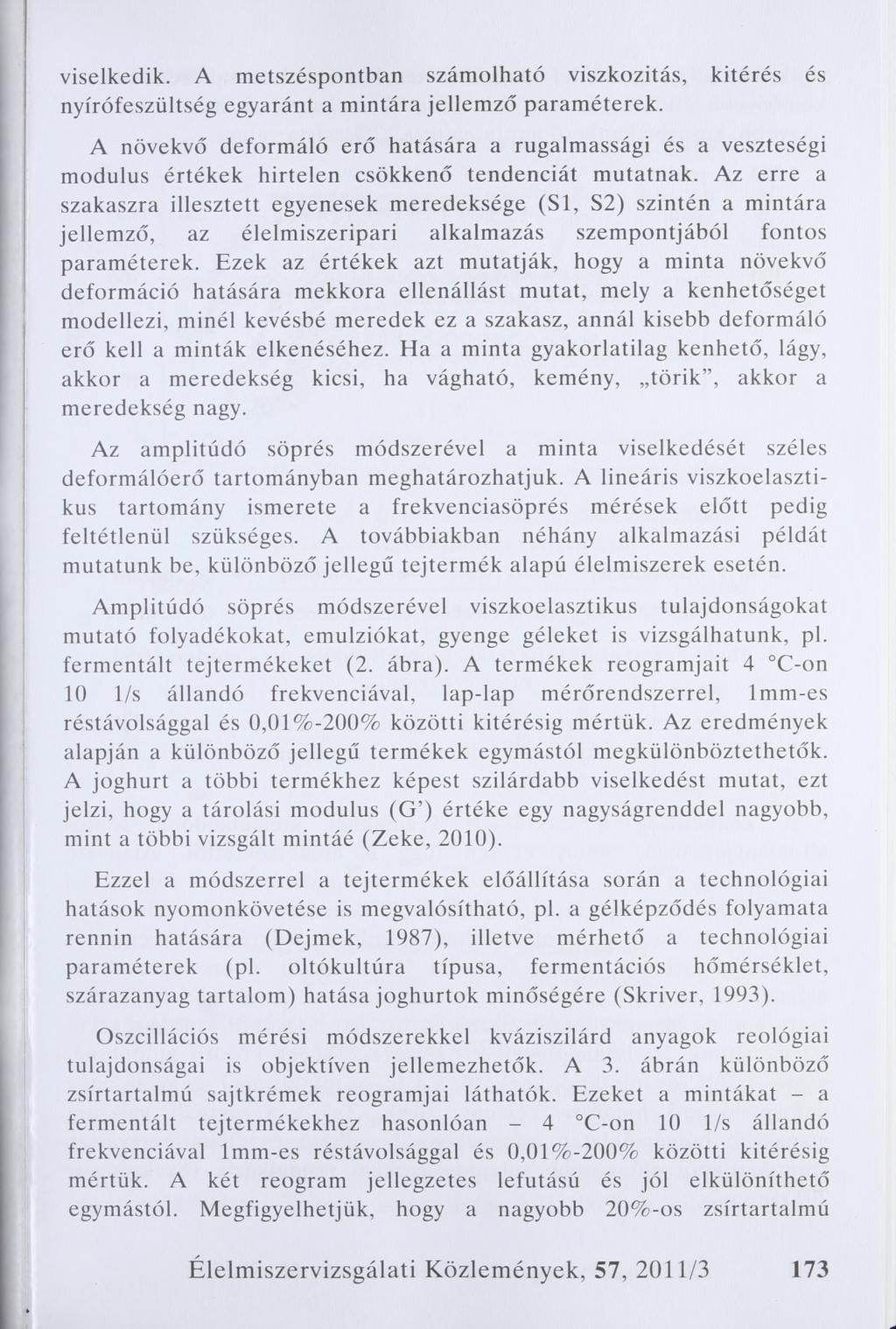 viselkedik. A metszéspontban számolható viszkozitás, kitérés és nyírófeszültség egyaránt a mintára jellemző paraméterek.