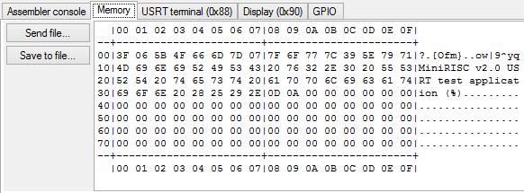 MiniRISC IDE Memory ablak A 128 x 8 bites adatmemória tartalmát jeleníti meg Az egyes adatbájtokra kattintva