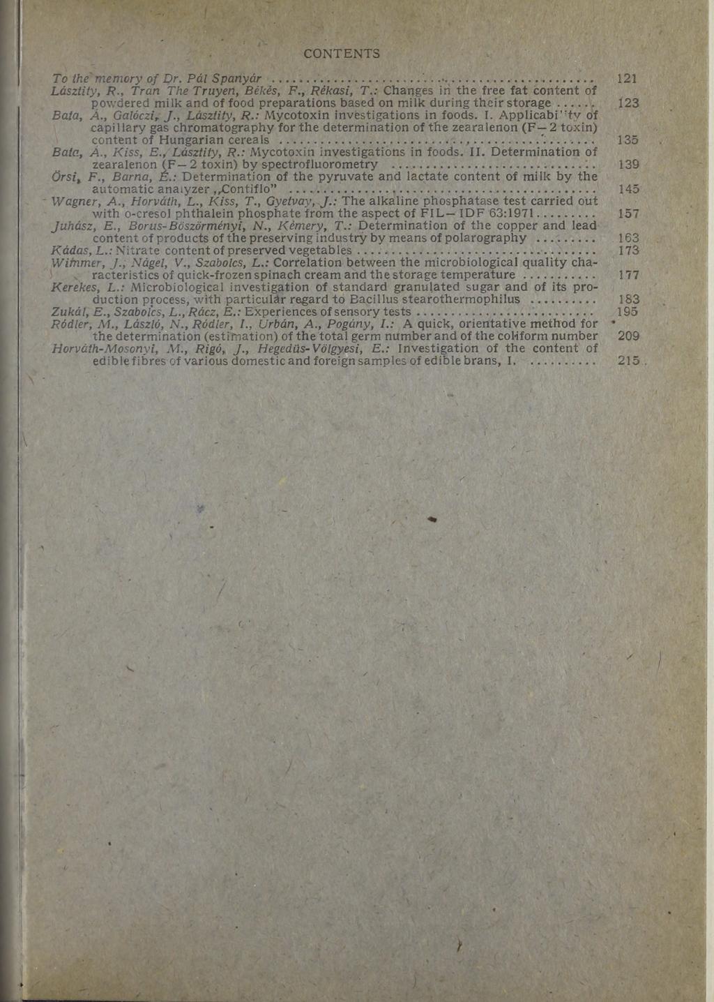CONTENTS To the' memory of Dr. Pál Spanyár.......... 121 Lásztity, R., Tran The Truyen, Békés, F., Rékasi, T.