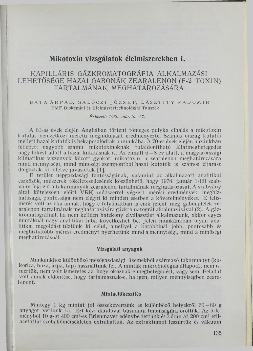 Mikotoxin vizsgálatok élelmiszerekben I.