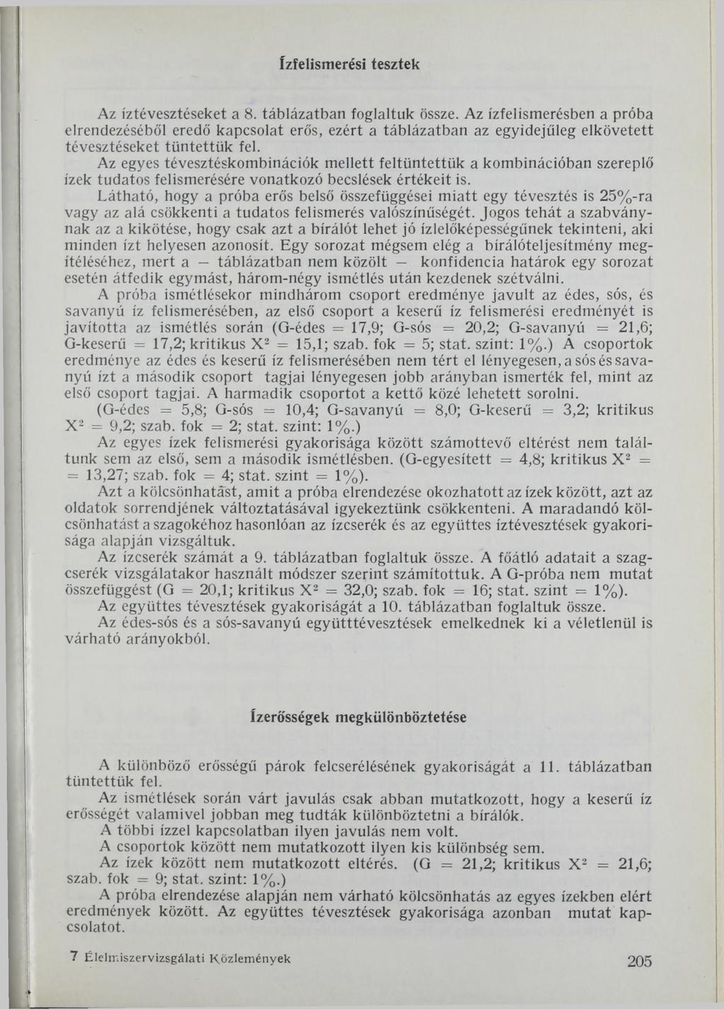 ízfelismerési tesztek Az íztévesztéseket a 8. táblázatban foglaltuk össze.
