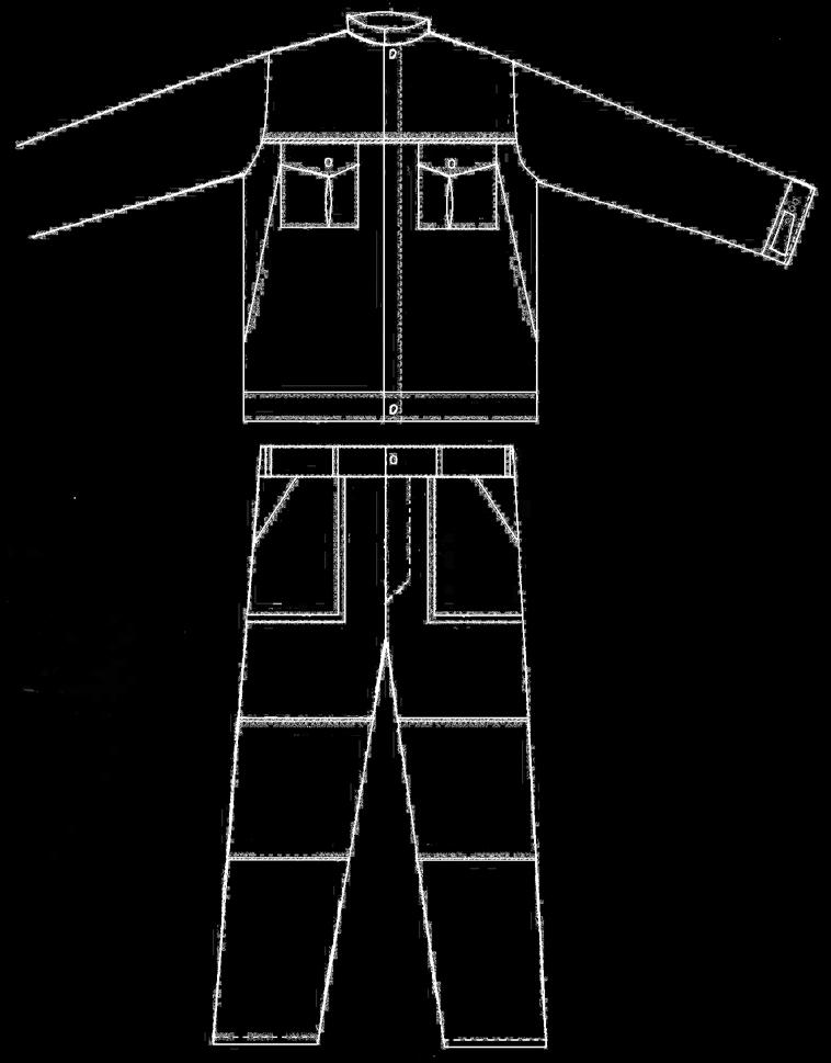 Szása munkaruha A kabát mellrészen, háta részen keresztirányban, illetve hosszanti irányban szabott, mely paszpóllal, bőség hajtással készül.
