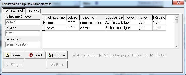 Telepítés után két felhasználó létezik. További felhasználók vehetők fel, vagy a jelenlegiek módosíthatóak. A felhasználók karbantartásához Adminisztrátorként kell az iktatóba belépni!