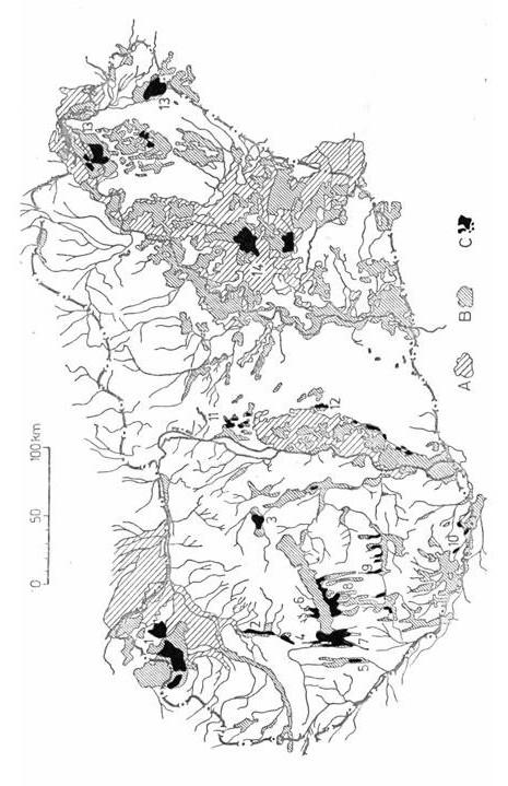 A tőzeglápok és láptalajok genezise, földhasználati helyzetképe a második ezredforduló utáni Magyarországon 171 1. ábra. A vizsgált területek vázlatos ősivízrajzi szemléltetése a lápok, ill.