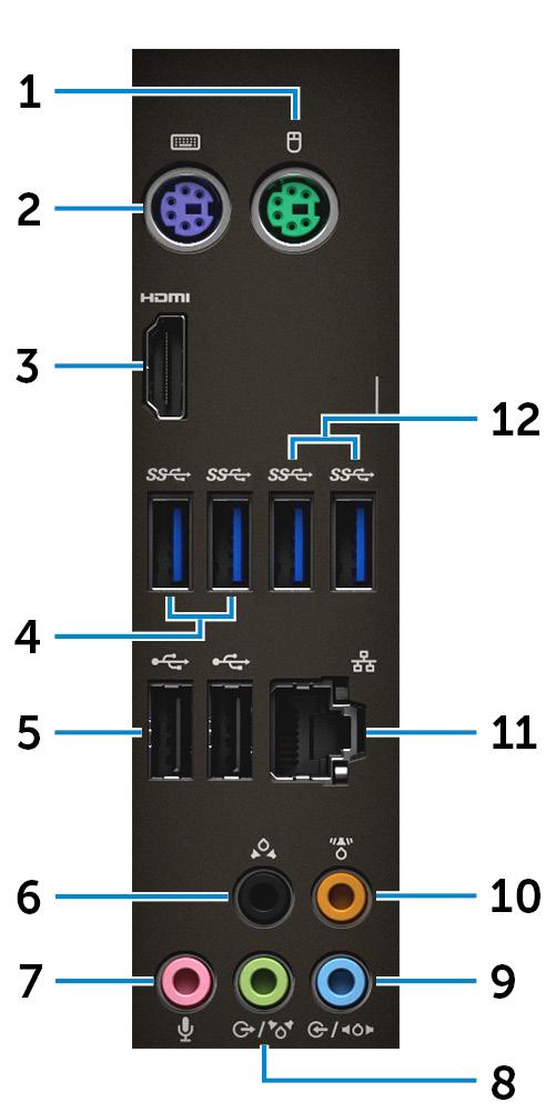 Hátsó panel 1 PS/2 port (egér) Ide egy PS/2 egeret csatlakoztathat. 2 PS/2 port (billentyűzet) Ide egy PS/2 billentyűzetet csatlakoztathat.