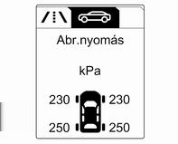 A rendszer állapotát és a nyomásra vonatkozó figyelmeztetéseket egy üzenet és az adott gumiabroncs villogása jelzi a vezető információs központban.