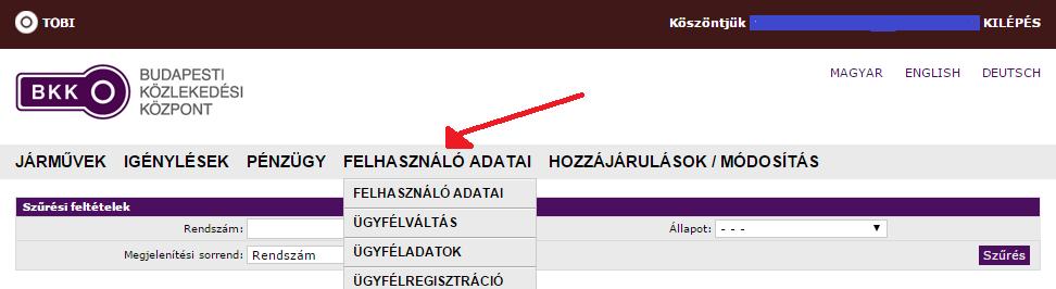 4.4. FELHASZNÁLÓ ADATAI Itt van lehetőség a felhasználói adatatok, ügyféladatok módosítására, valamint ügyfélváltásra és ügyfélregisztrációra. 4.4.1.