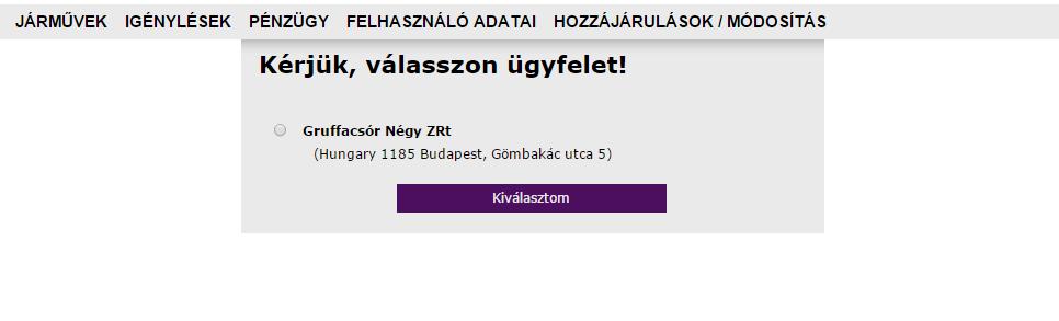 4.4.2. ÜGYFÉLVÁLTÁS A menüre kattintva a következő felület jelenik meg. A listában annyi ügyfél jelenik meg, amennyi a felhasználóhoz hozzá van rendelve.