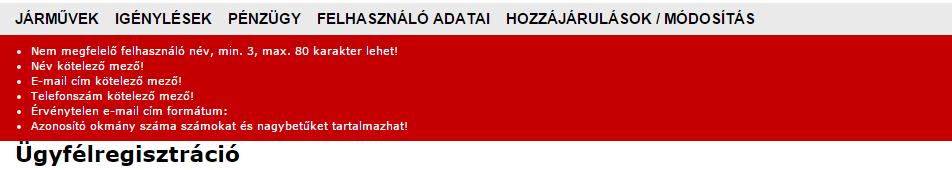 A hibásan vagy hiányosan kitöltött mezőkről a felület