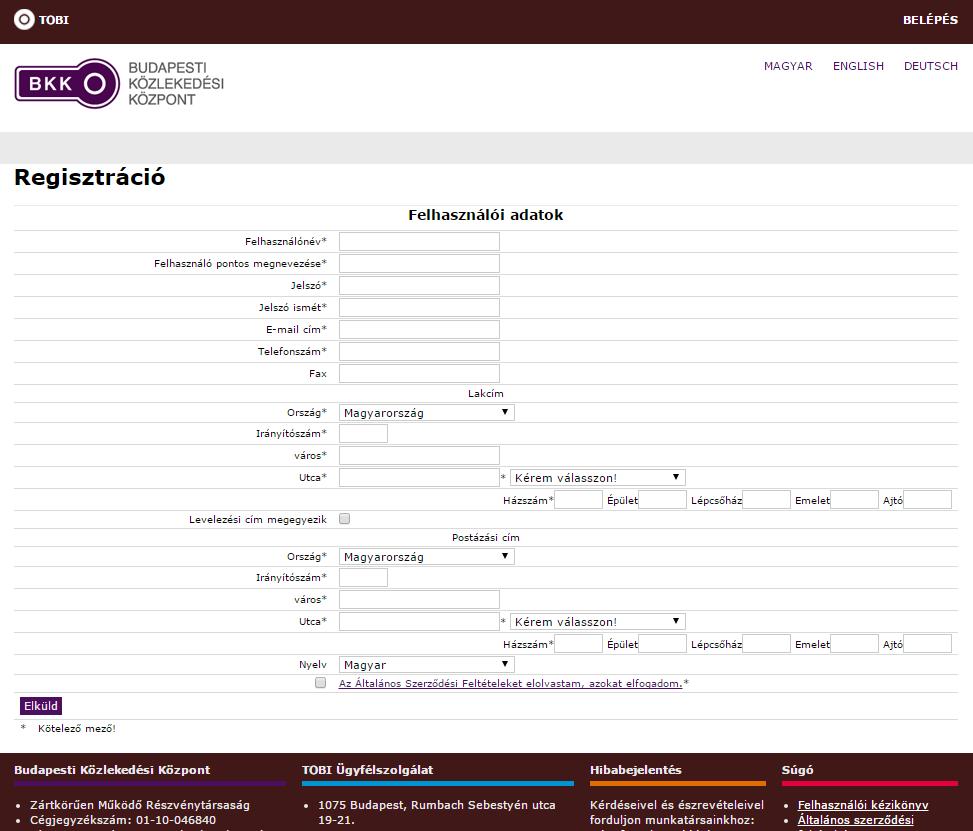 A regisztráció során megadandó adatok három fő szekcióra oszthatók: Felhasználói adatok Lakcím Postázási cím A regisztrációra és a program használatára vonatkozó részletes információt az Általános