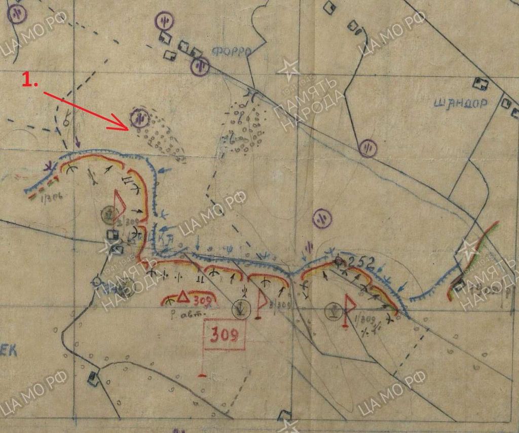 A nov. 22-i állapotot mutató 18. ábraán látható, hogy a 309. gárda-lövészezred közel került a Fingerwald-erdőhöz (1-es számmal jelöltem) és a Forró-tanyához, az aknavetőálláshoz. 18. ábra A 309.
