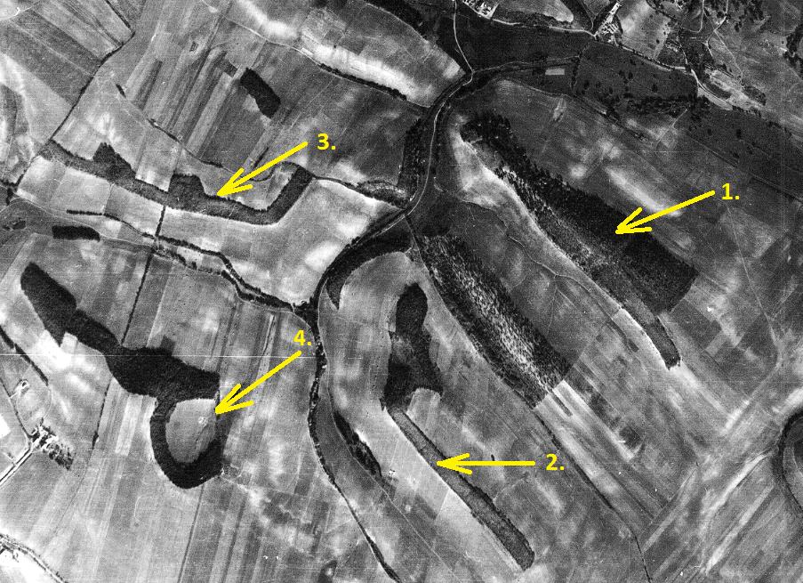 2. ábra 1950-ben készült légifelvétel, a Gyertyános hegy melletti területet ábrázolja Feltételezésem szerint tehát az elhelyezkedés az 1. ábra Kakas-hegy-Gyertyános hegyen (251 mp.