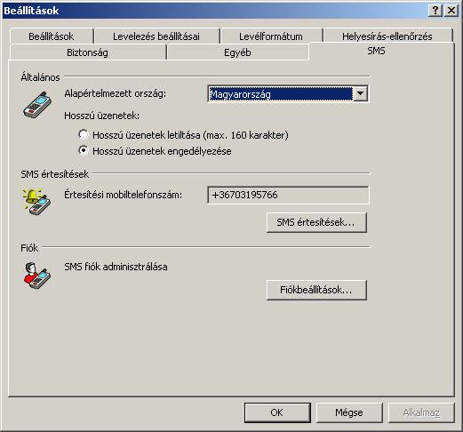 SMS beállítások Az SMS funkciók konfigurálása az alábbi módon történik. Válaszd ki az Eszközök/Beállítások... menüt a Microsoft Outlook főablakában és kattints az SMS fülre.