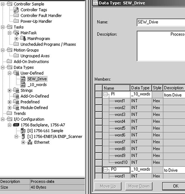 Tervezés, üzembe helyezés Tervezési példák RSLogix5000-re 5 5.5 Tervezési példák RSLogix5000-re 5.5.1 MOVIDRIVE B 10 PD adatcserével 1.